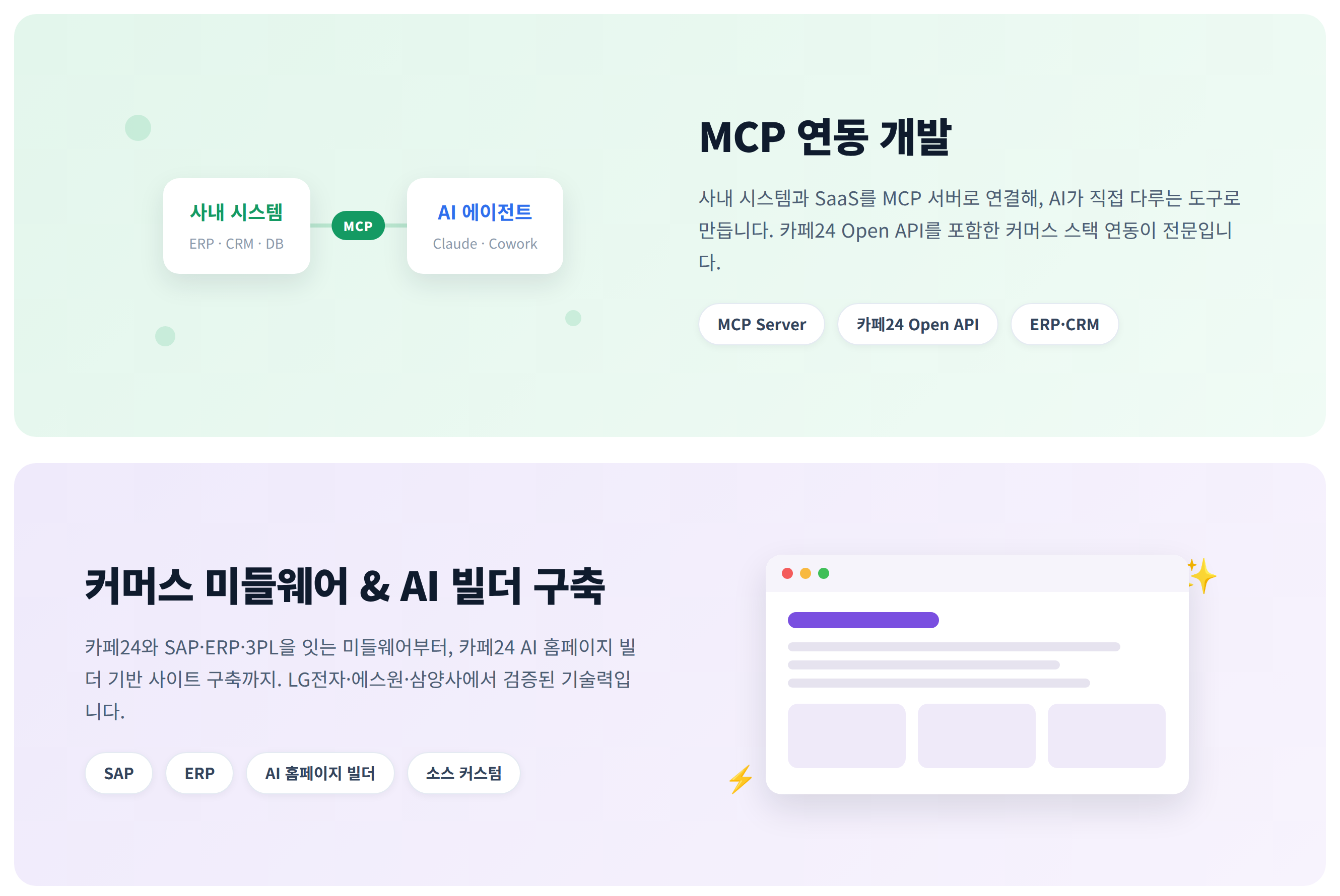 검증 완료 영역 — MCP 연동 개발과 커머스 미들웨어 서비스 (리더마인 AI 랩 실제 화면)